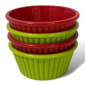Ramikins 4 oz Snack Cup Serving Dish Dip Bowl Green/Red Ribbed Plastic Lot of 4